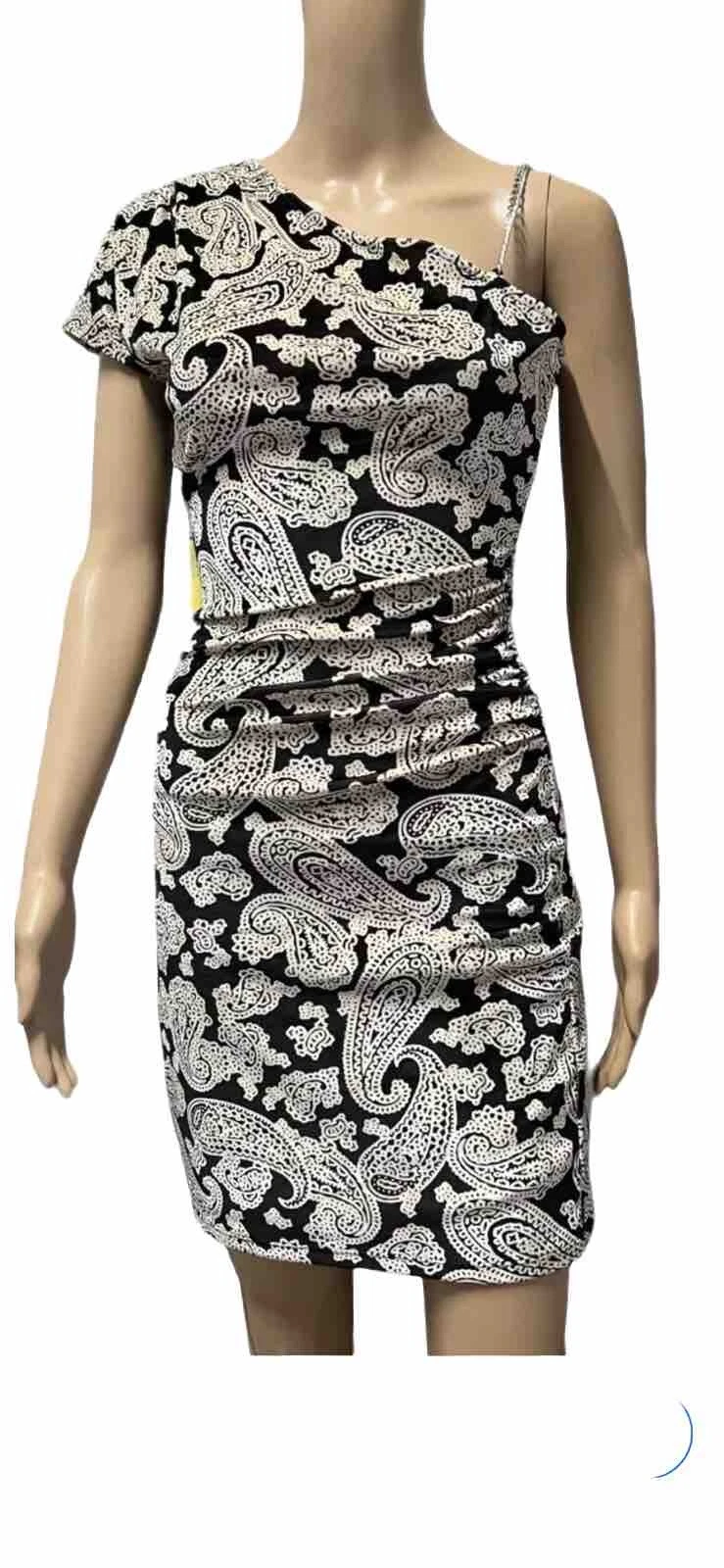 MICHAEL Michael Kors Abito a una spalla in velluto Paisley. Osso nero. XS. NUOVO COME