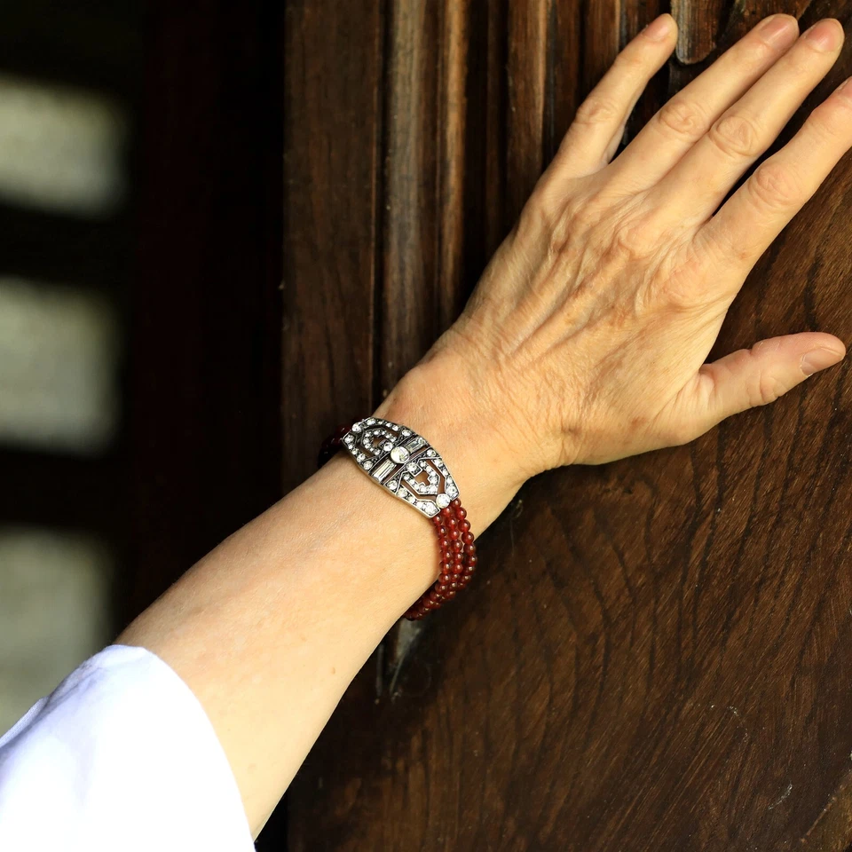 Armband Silberfarben Art Deco Strass Mehrere Reihen Perle Rote Achat QD30 - Bild 2 von 4