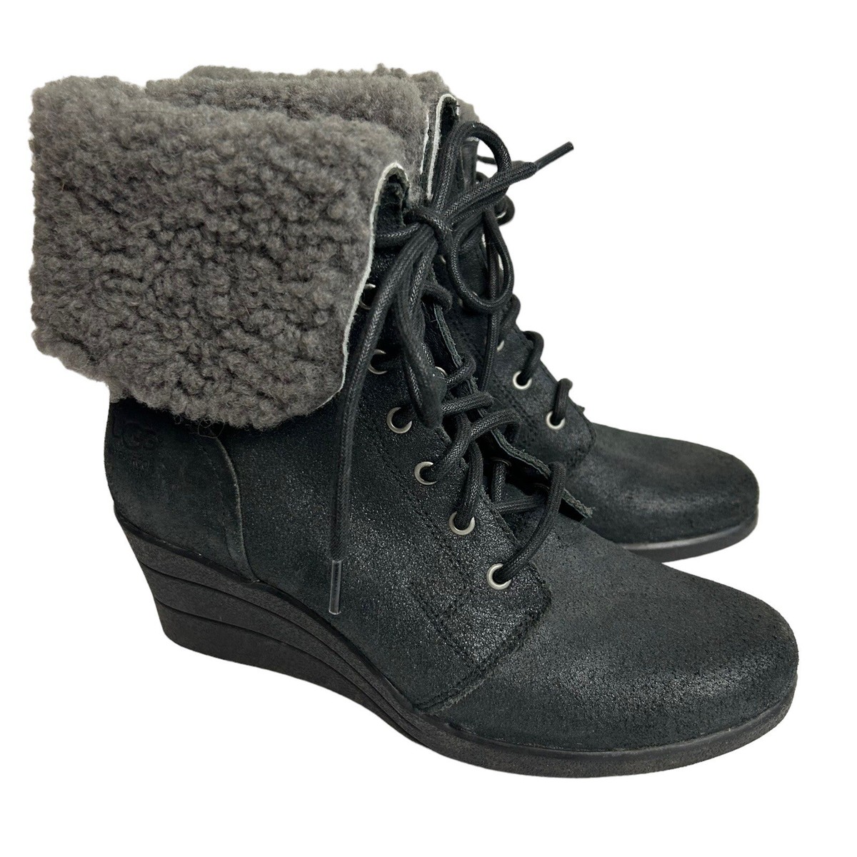 UGG Black Suede Zea Waterproof Sheepskin Lined Boots Size‎ 8 UGG Zea Waterproof Black Distressed Leather Wedge Lace  main image 3