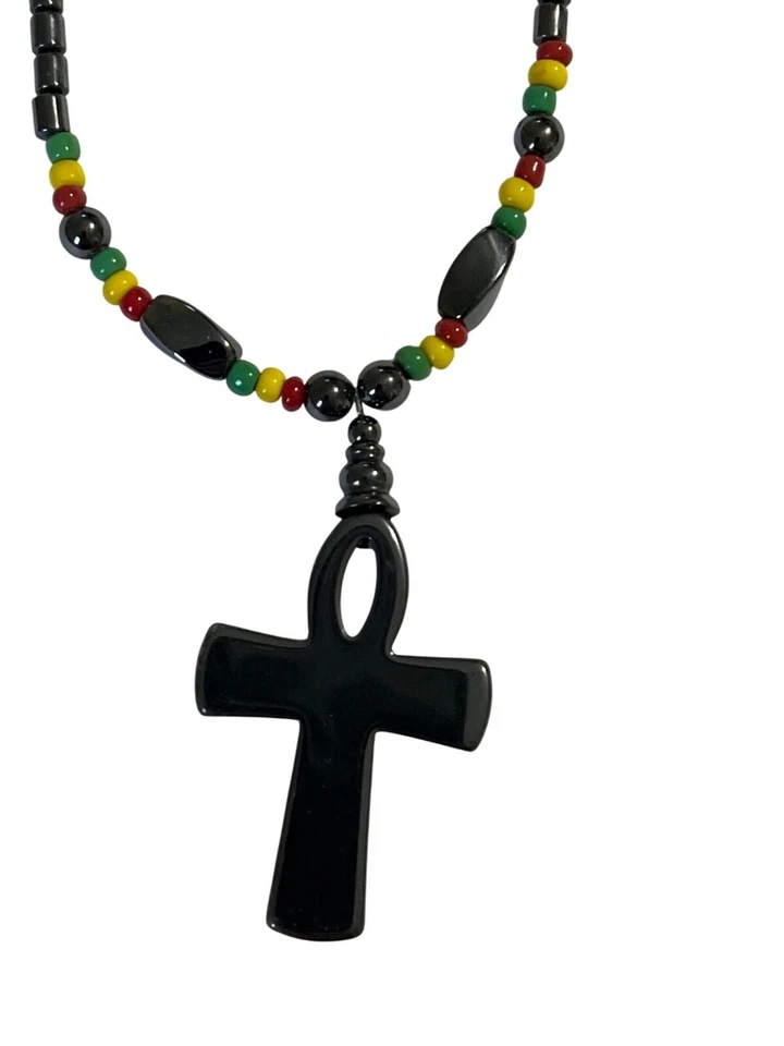 Crioss Black Beaded Necklace With Ankh Pendant & Rasta-Inspired Beads Boho - Image 3 of 4