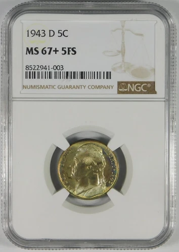 1943-D 5c Jefferson Silver War Nickel Coin NGC MS67+ 5FS