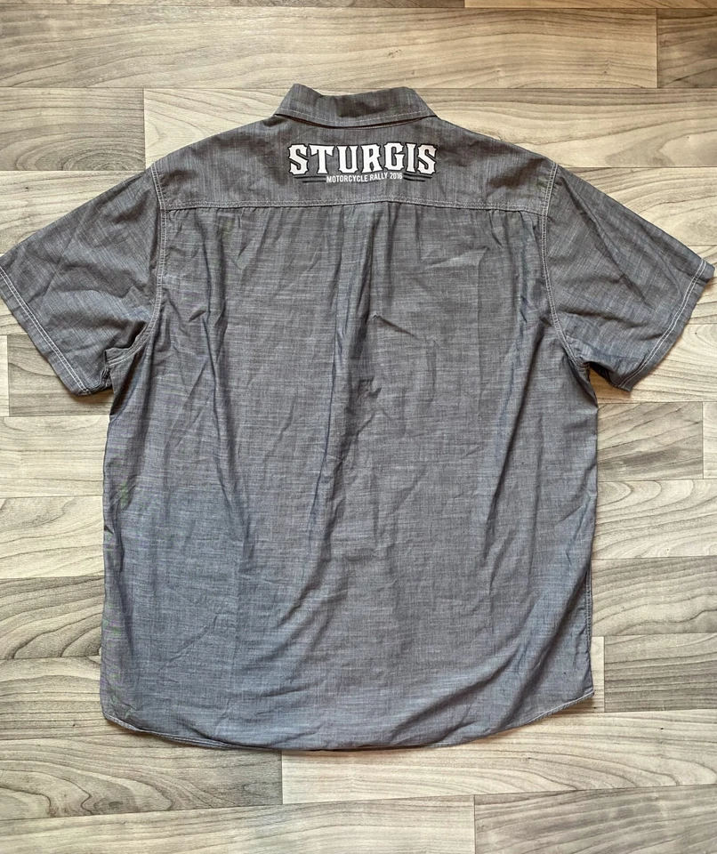 2016 Sturgis 摩托车拉力赛衬衫男式 XL 灰色打褶纽扣工作自行车 — 第 4/4 张图片