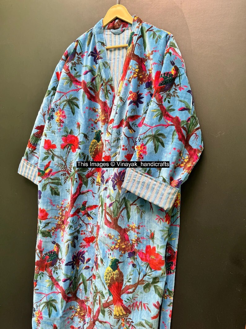 Indian Vintage Luxury Velvet Bird Print Bath Robe Kimono Dressing Gown