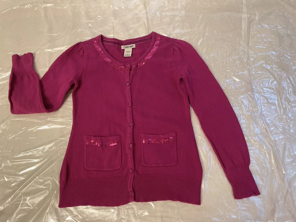 Cherokee Rhinestone Girl's Button Front Pink Cardigan Sweater Size Large (10-12) - Image 3 of 4