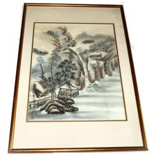 Vintage Chinese River House Painting on Silk Stamped Signed Framed 17" x 24 3/4"