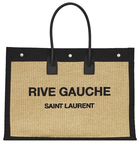 NWT Saint Laurent YSL Rive Gauche Raffia Beige Black Canvas Logo Tote Bag $3450