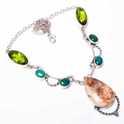 Bird Eye Jasper & Peridot & Green Onyx 925 Silver Plated Necklace 16.17.99'' ()