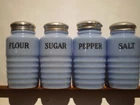 Vtg Salt, Pepper, Sugar & Flour Shaker Ribbed Jeannette Delphite Blue Glass Qty4