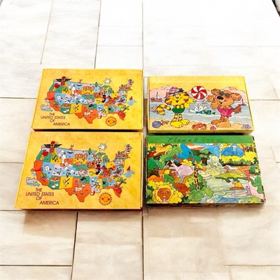 Lot (4) Vintage School Pencil Supply Box Holder 1980s USA Map, Jungle, Dog&Cat