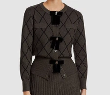 Nancy Yang Women's Gray Embellished Bow-Knit Velvet Cardigan Sweater Size M