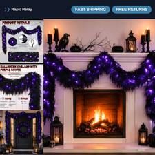 9FT Black Halloween Garland with Lights  Prelit Realistic Holiday Decor