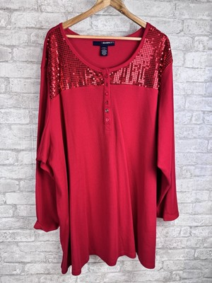 #ad Denim 24 7 Waffle Knit Henley Top 5X Holiday Red Sequin Embellished Party $22.90