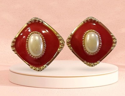 Vintage 80s Gold Tone Red Enamel Cabochon Faux Pearl Stud Earrings