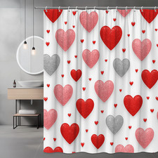 Cute Heart Shower Curtain for Kids Bathroom, Red Pink Grey Design