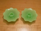 Pair Green Jadeite Glass Lotus 3-Toed Taper Candle Holders