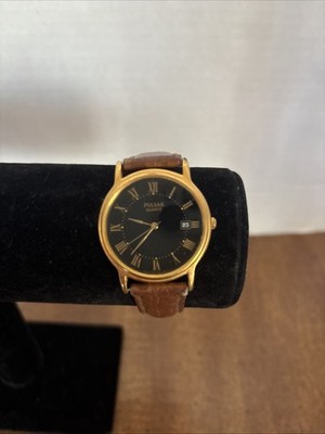 Pulsar Quartz Watch Mens Gold Black face 460440 Japan Works READ