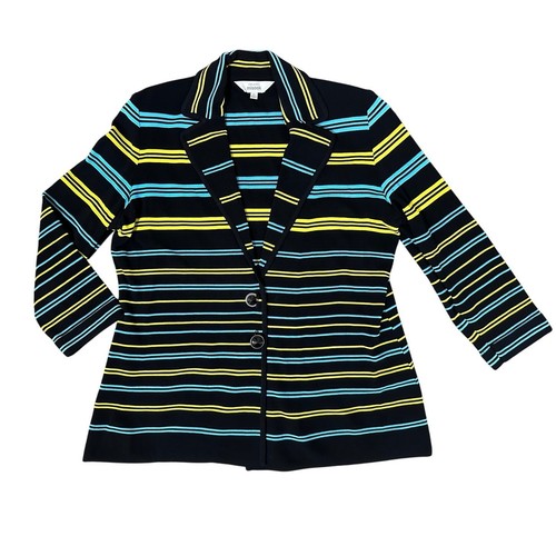 Exclusively Misook Blue & Yellow Stripe Black Button Front Knit Blazer size XL