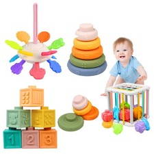 Montessori Toys for Babies 6-12 Months, 4 in 1 Soft Baby Teething Toys, Stack...