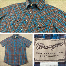 Vintage Wrangler Shirt Western Fashion Mens M Blue Brown Plaid Pearl Snap 90s