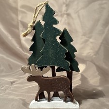 Rustic Wooden Christmas Ornament Moose / Reindeer In Woods By Pine Trees
