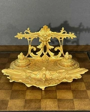 Antique Brass Victorian Baroque Style Double Desk Inkwell Ornate with Inserts