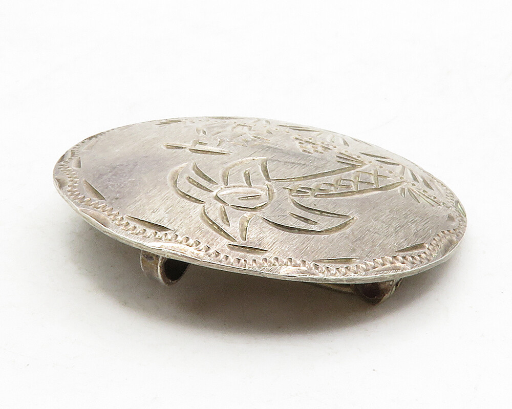 J.J.M. 925 Silver Vintage Dark Tone Etched Palm Tree Scene Brooch