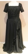 Women's Formal Dress Ball Gown Short Sleeve Lace Chiffon Bow A-Line Black 8, 6