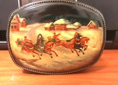 22K GOLD GORGEOUS RUSSIAN LACQUER BOX USSR FEDOSKINO 1991 Hand-Painted Troyka