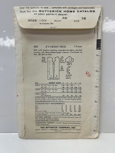 Vintage Butterick Sewing Pattern 3026 Extra Quick & Easy Misses Dress Size 16 - Picture 2 of 4