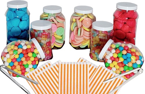 8 Assorted Plastic Sweet Jars 2 Tongs 50 Bags TWO STYLES OF LID Candy Buffet - Picture 28 of 36