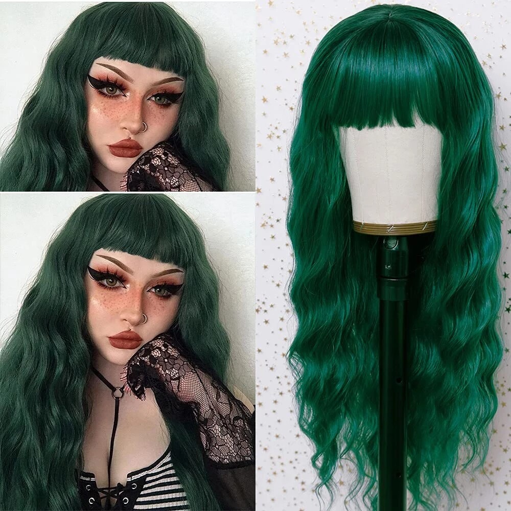 Long Loose Curly Wavy Wig with Bangs Green Synthetic Hair Wigs