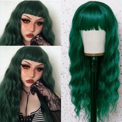 Long Loose Curly Wavy Wig with Bangs Green Synthetic Hair Wigs