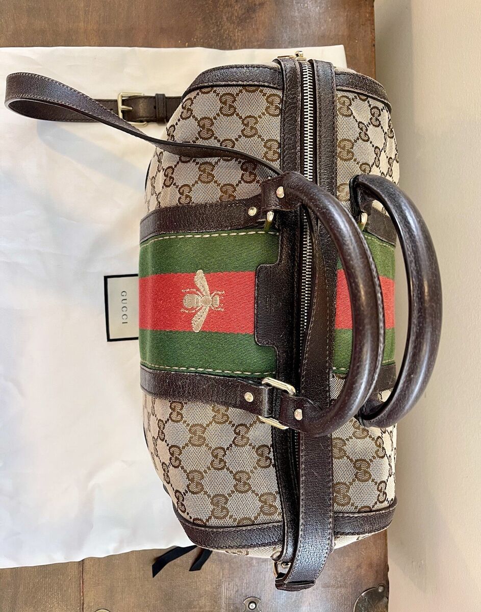 Gucci Vintage Bee Web Boston GG Canvas Stripe Handbag Brown Gucci Vintage Bee Web Boston GG Canvas Stripe Handbag Brown