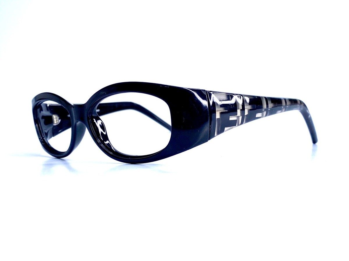 VTG Fendi Black Rectangular Wrap Glasses Clear Logo Temple Italy