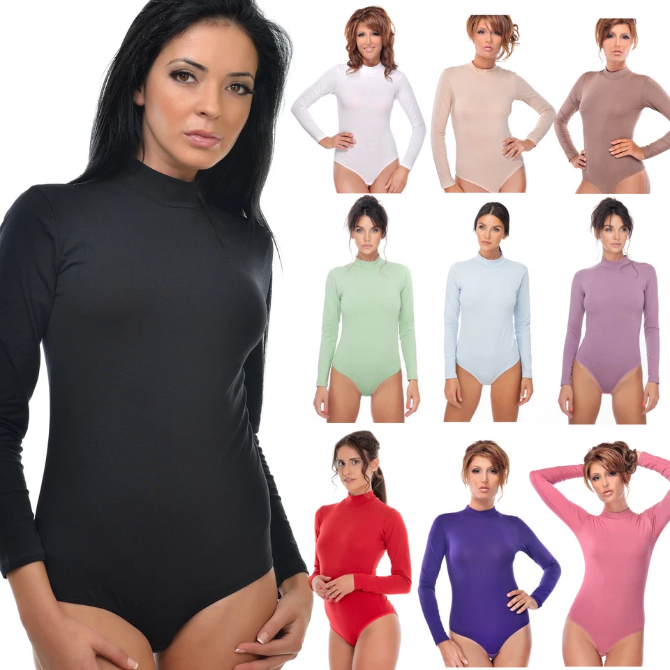 Evoni Damen Body blickdichter Langarmbody aus Baumwolle mit Halbkragen