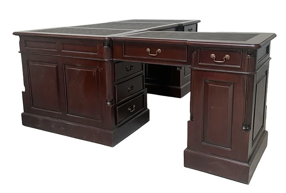 Grosser Eckschreibtisch massives Mahagoniholz Schreibtisch Antik Leder Schwarz