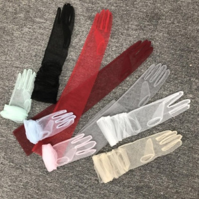 Long Sheer Tulle Stretchy Full Finger Mittens Mesh Elbow Bride Gloves Accessory