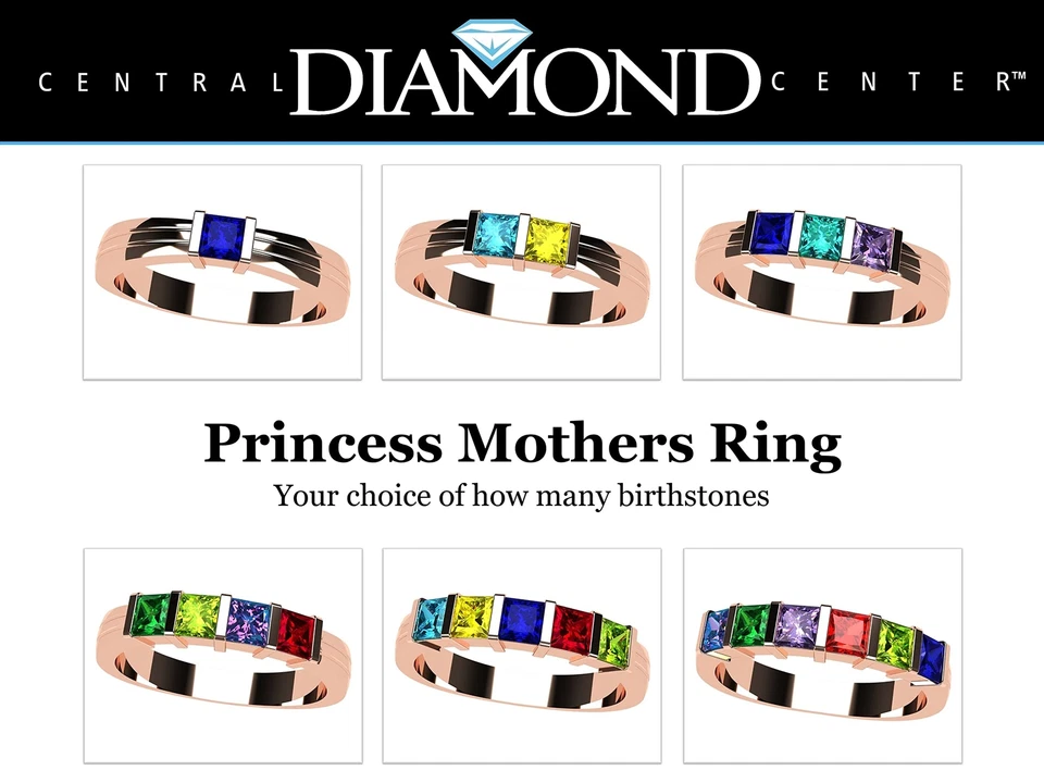 Anillo Princesa Madres con 1 a 6 Piedras Natales Simuladas en Plata, Oro 10k-14k Foto 4 de 4