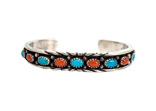 Signed - Thomas Singer, Navajo Crushed Turquoise & Coral Inlay Watch Cuff Signed - Thomas Singer, Navajo. Vintage Crushed Turquoise  main image 2