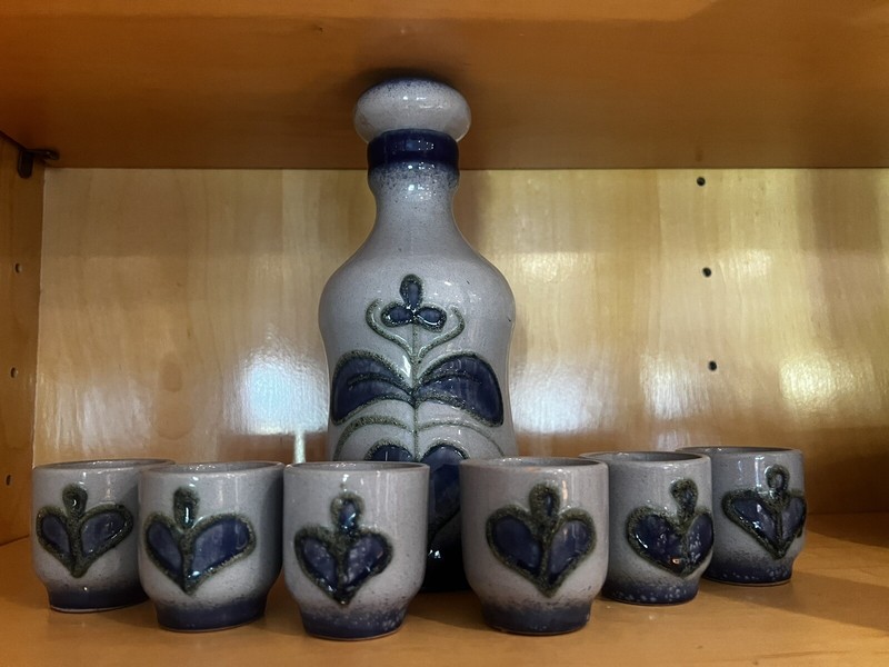 East Germany Strehla Stoneware Decanter 6 Shot Glasses Blue Vintage Antique