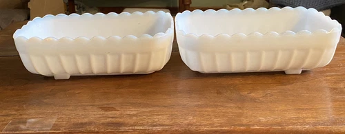 Two Vintage Rectangle Shaped White Milk Glass 3 Footed Dish. 8” Long X 4” Wide.