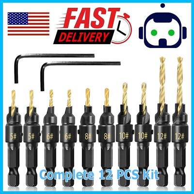 12x HSS Countersink Drill Bit 1/4'' Hex Shank Woodworking Pilot Screw Hole Set