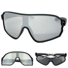 Mens OVERSIZED WRAP AROUND Biker Cycling Shield SUNGLASSES Black Frame Gray Lens