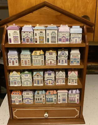 Oak Village ラック　棚 1989 LENOX Porcelain Spice Village House W/ 24 Jars Wooden Rack | eBay