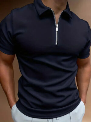 Polo T Shirt Navy Blue Zipper Collar Solid Zip Golf Tee Dress Sport Stylish Soft