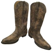 Roper Western Boots Women SZ 7.5 Riley Scroll Brown Mid Calf Pull On Cowgirl New