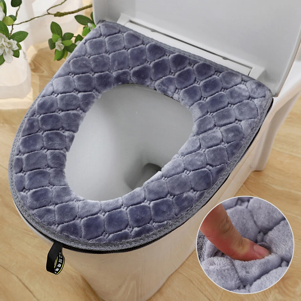 Funda de asiento de inodoro para el hogar Cubierta de asiento de chenilla suave y elástica con cremallera Lavable Foto 2 de 4