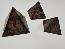 Vintag Egyptian Pyramids Etched Hieroglyphics Brass Metal Paperweights Set 3
