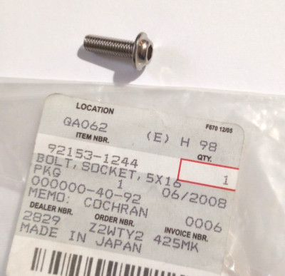 Kawasaki ZX-6R, ZX-10R, ZX-14 Socket Bolt 5x16 NOS 92153-1244 (L