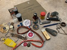 Vintage Junk Drawer Lot Mens Items Military Knives bottle openers tokens pinback